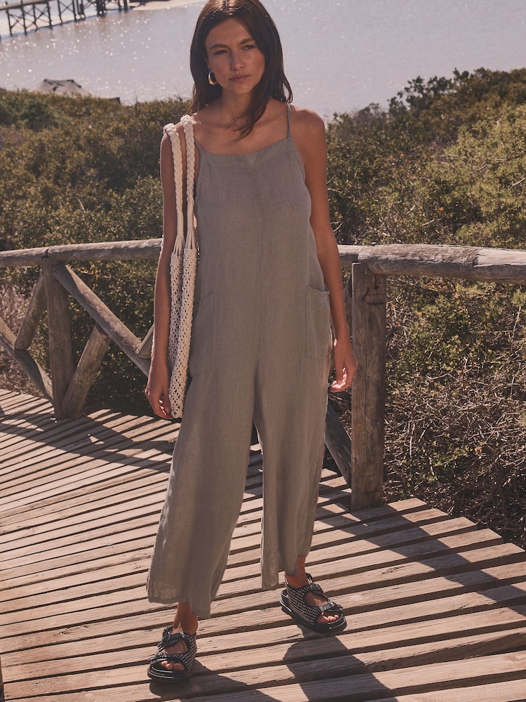 Taupe Premium 100% Linen Romper Wide Leg Jumpsuit - Image 1 of 7