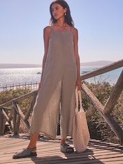 Taupe Premium 100% Linen Romper Wide Leg Jumpsuit - Image 2 of 7