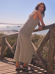 Taupe Premium 100% Linen Romper Wide Leg Jumpsuit - Image 3 of 7