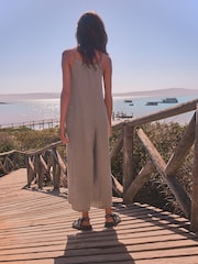 Taupe Premium 100% Linen Romper Wide Leg Jumpsuit - Image 4 of 7