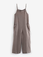 Taupe Premium 100% Linen Romper Wide Leg Jumpsuit - Image 6 of 7