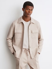 Reiss Oatmeal Stellan Herringbone Twin-Pocket Overshirt - Image 1 of 6