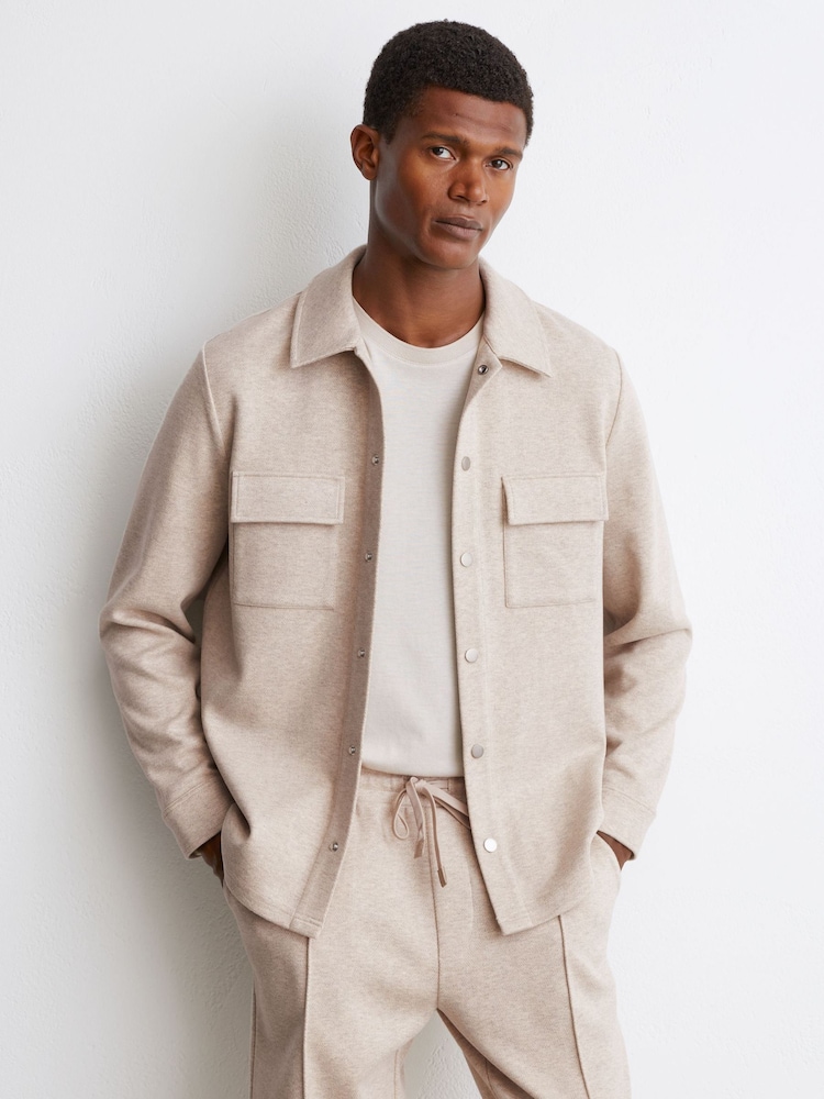 Reiss Oatmeal Stellan Herringbone Twin-Pocket Overshirt - Image 1 of 6 Reiss Oatmeal Stellan Herringbone Twin-Pocket Overshirt - Image 1 of 6