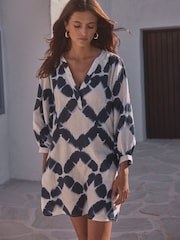 White/Blue 100% Linen Premium Kaftan - Image 1 of 8