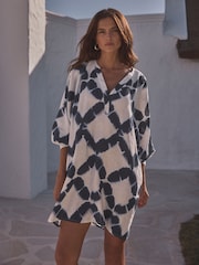 White/Blue 100% Linen Premium Kaftan - Image 2 of 8