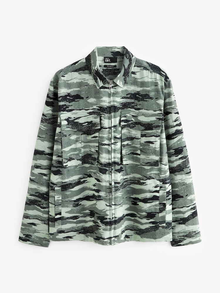 Green Camo EDIT Zip Through Shacket Overshirt - Image 6 of 11