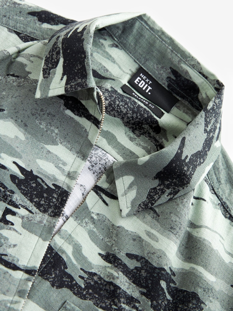 Green Camo EDIT Zip Through Shacket Overshirt - Image 9 of 11