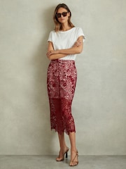 Reiss Burgundy Flo Sheer Lace Midi Pencil Skirt - Image 1 of 6