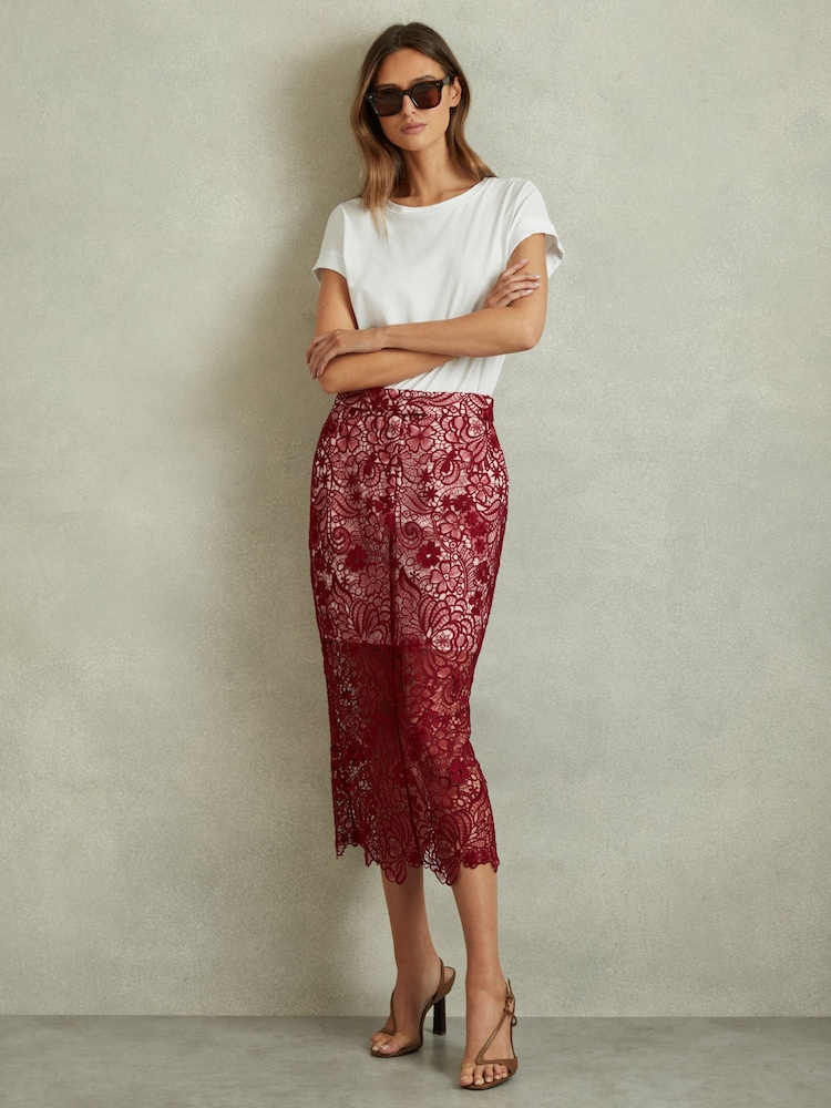Reiss Burgundy Flo Sheer Lace Midi Pencil Skirt - Image 1 of 6