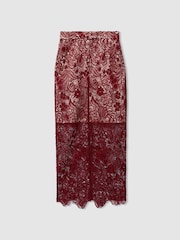 Reiss Burgundy Flo Sheer Lace Midi Pencil Skirt - Image 2 of 6
