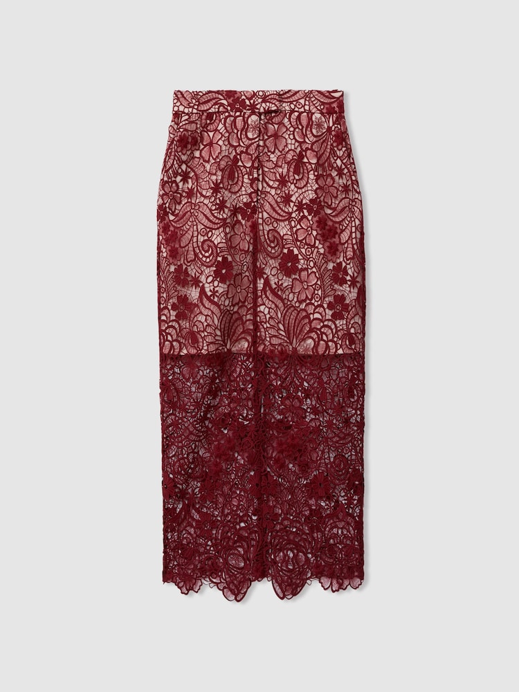 Reiss Burgundy Flo Sheer Lace Midi Pencil Skirt - Image 2 of 6