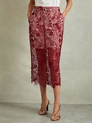 Reiss Burgundy Flo Sheer Lace Midi Pencil Skirt - Image 3 of 6