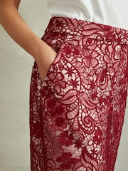 Reiss Burgundy Flo Sheer Lace Midi Pencil Skirt - Image 4 of 6