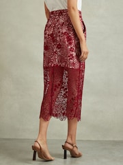 Reiss Burgundy Flo Sheer Lace Midi Pencil Skirt - Image 5 of 6