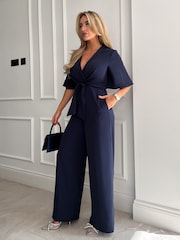 Girl In Mind Navy Viola Wrap Tie Detail Wide Leg Jumpsuit - Image 3 of 4