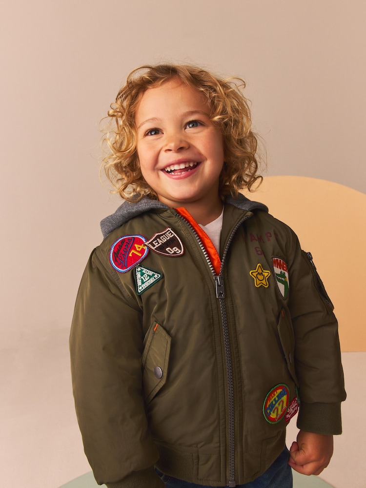 Khaki Green Badged Bomber Jacket with Jersey Hood (3mths-7yrs) - Image 1 of 13