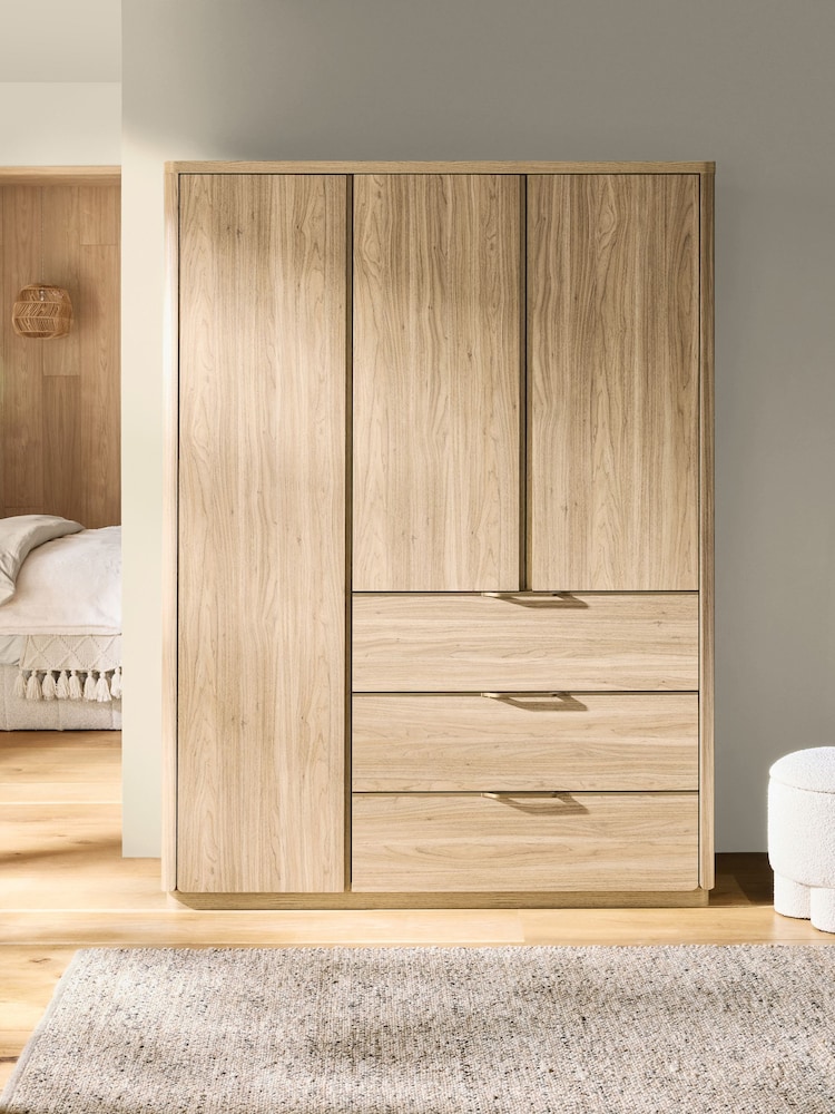 Mid Natural Arlo Oak Effect Triple 3 Drawers Wardrobe - Image 2 of 9