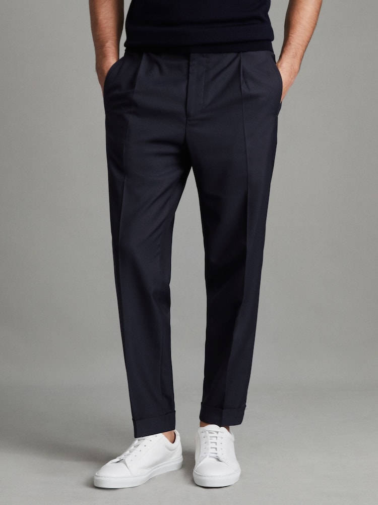 Reiss Navy Brighton Relaxed Drawstring Trousers with Turn-Ups - Image 1 of 7