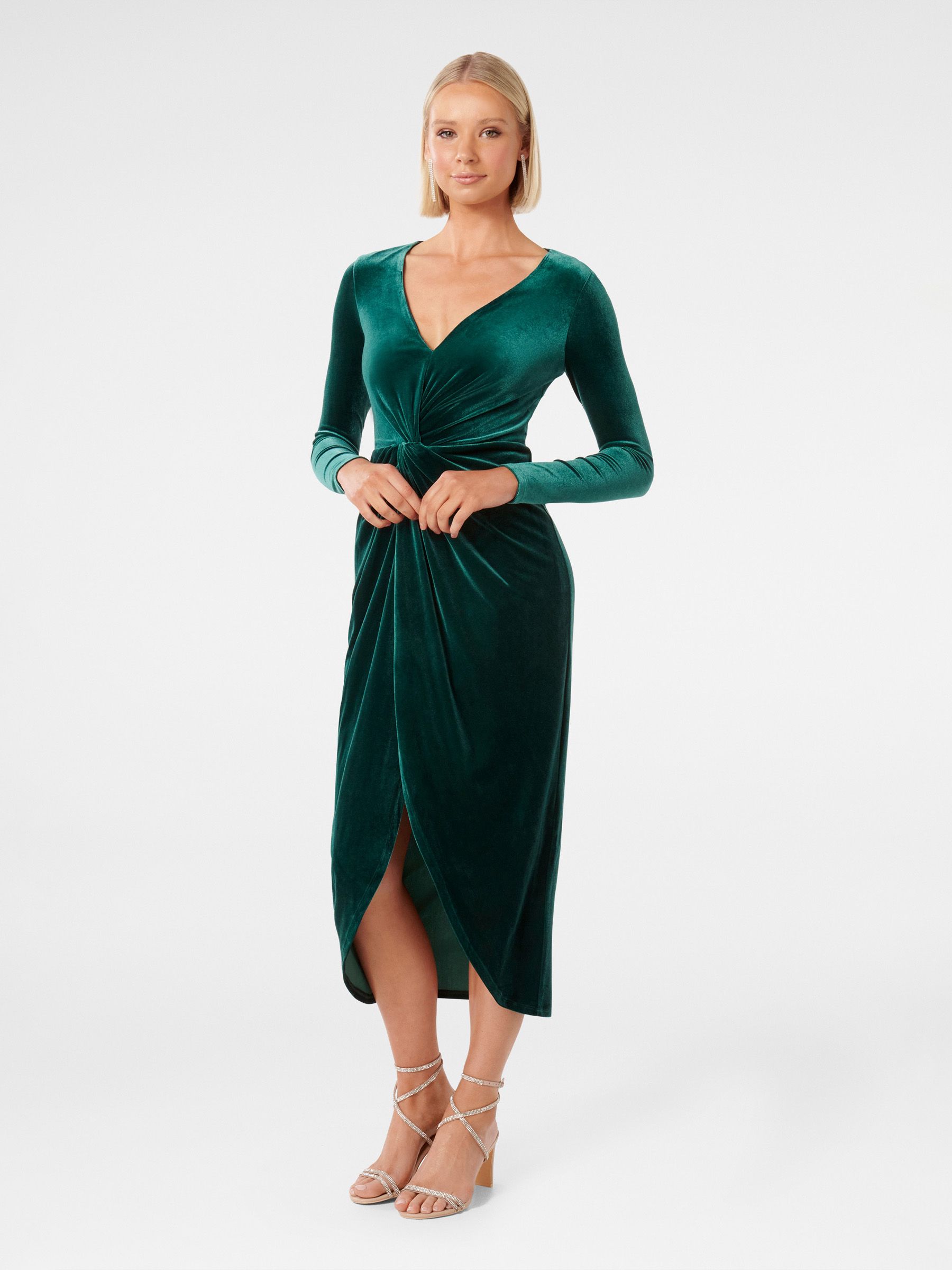 【人気商品！】 Buy Forever Dress Midi Front Twist Velvet Sofia Green New ワンピース
