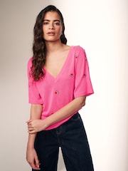Bright Pink V-Neck Gem Button Linen T-Shirt - Image 1 of 6