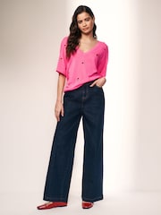 Bright Pink V-Neck Gem Button Linen T-Shirt - Image 2 of 6