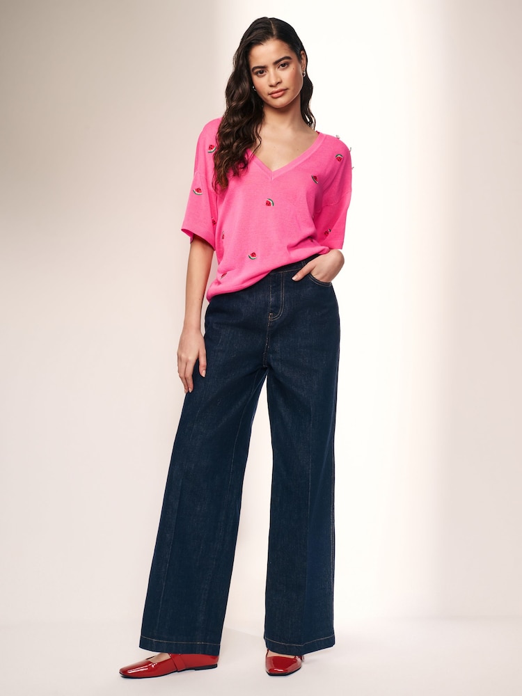 Bright Pink V-Neck Gem Button Linen T-Shirt - Image 2 of 6