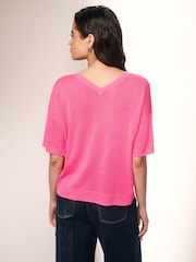 Bright Pink V-Neck Gem Button Linen T-Shirt - Image 3 of 6
