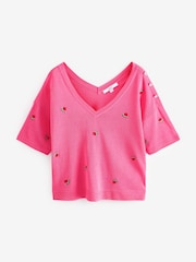 Bright Pink V-Neck Gem Button Linen T-Shirt - Image 5 of 6