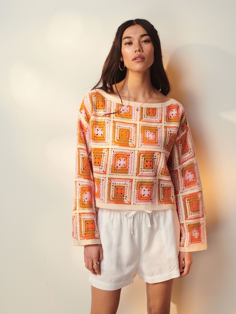 Orange Long Sleeve Square Crochet Knitted Jumper - Image 2 of 6