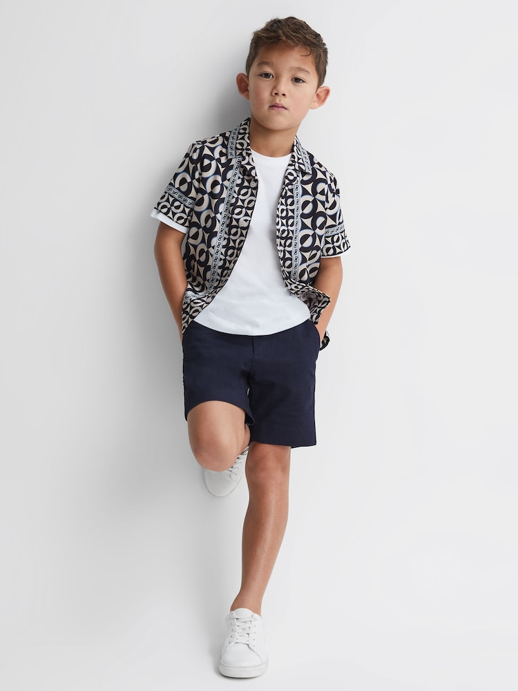 Reiss Lapis Blue Prentice Teen Printed Cuban Collar Shirt - Image 1 of 6