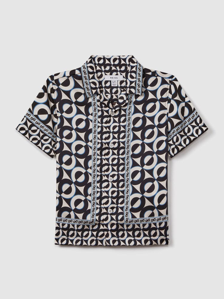 Reiss Lapis Blue Prentice Teen Printed Cuban Collar Shirt - Image 6 of 6