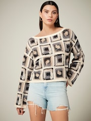 Neutral Long Sleeve Square Crochet Knitted Jumper - Image 2 of 6