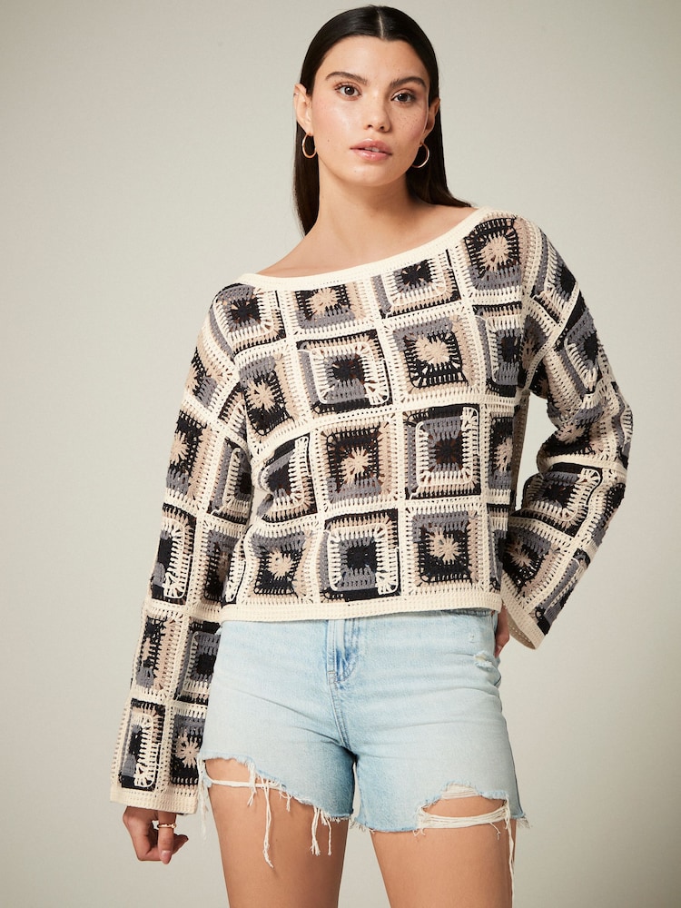 Neutral Long Sleeve Square Crochet Knitted Jumper - Image 2 of 6