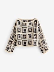 Neutral Long Sleeve Square Crochet Knitted Jumper - Image 5 of 6