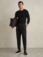 Reiss Black Brighton Relaxed Drawstring Trousers with Turn-Ups - Image 1 of 7