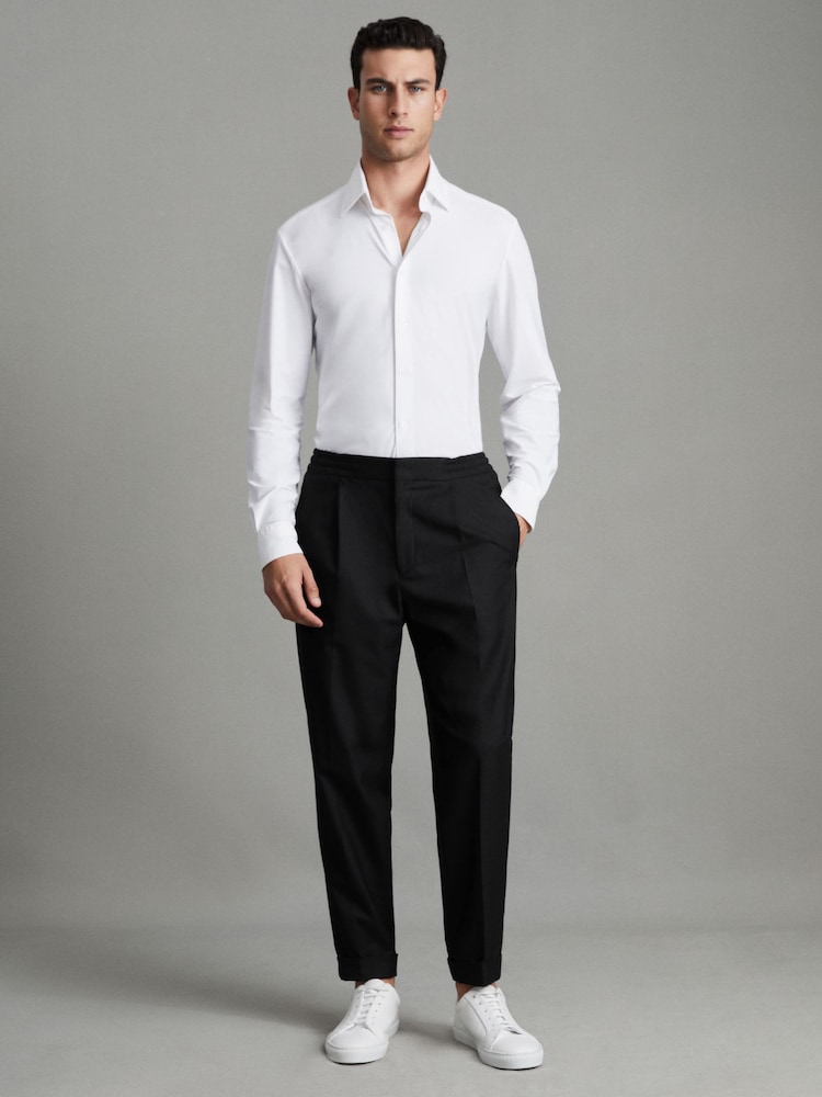 Reiss Black Brighton Relaxed Drawstring Trousers with Turn-Ups - Image 1 of 6