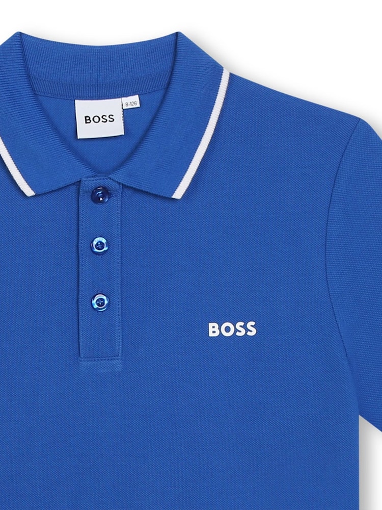 أزرق - قميص بولو مزيَّن بشعار بأكمام قصيرة من القطن 100% من BOSS - صورة 3 من 3