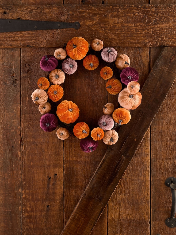 Orange Autumn Velvet Pumpkin Wreath - Image 1 of 4