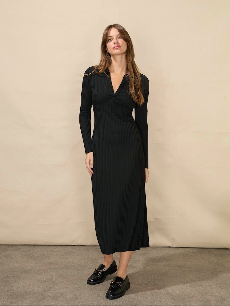 Ro&Zo Collared Rib Jersey Black Dress - Image 1 of 4 Ro&Zo Collared Rib Jersey Black Dress - Image 1 of 4