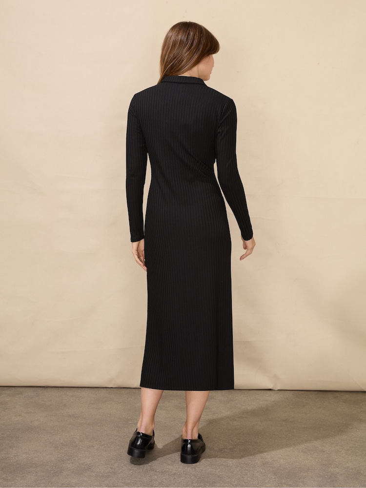 Ro&Zo Collared Rib Jersey Black Dress - Image 2 of 4