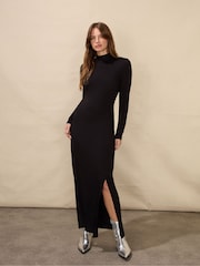 Ro&Zo High Neck Split Leg Jersey Black Dress - Image 1 of 4