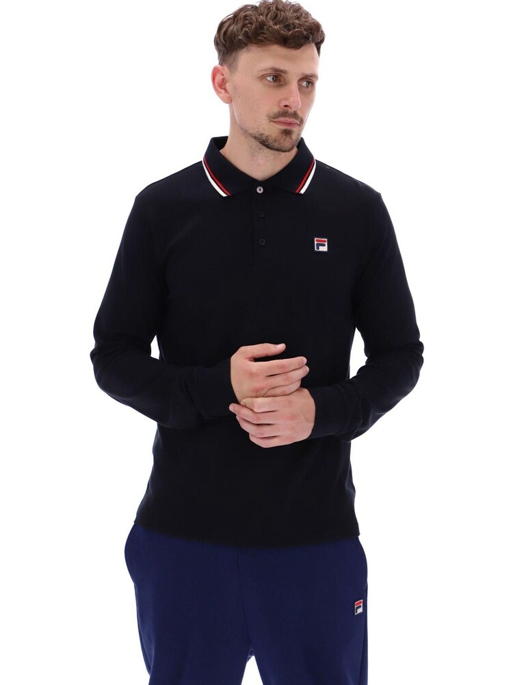 Fila Black Monte Tipped Collar Long Sleeve Polo Shirt - Image 1 of 6