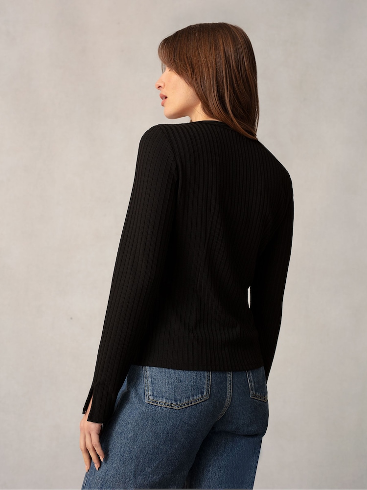 Ro&Zo Button Front Rib Jersey Black Top - Image 2 of 5