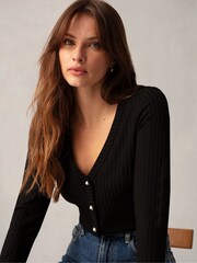 Ro&Zo Button Front Rib Jersey Black Top - Image 3 of 5