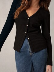 Ro&Zo Button Front Rib Jersey Black Top - Image 4 of 5