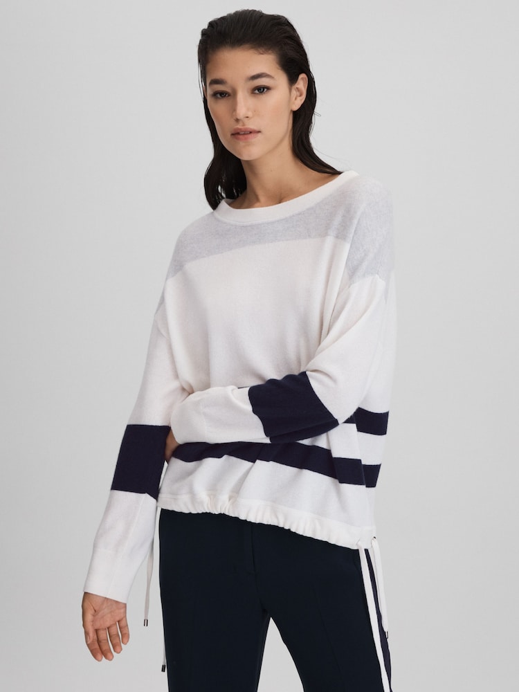 Reiss White/Grey Allegra Wool Blend Striped Crew Neck Jumper - Image 1 of 8