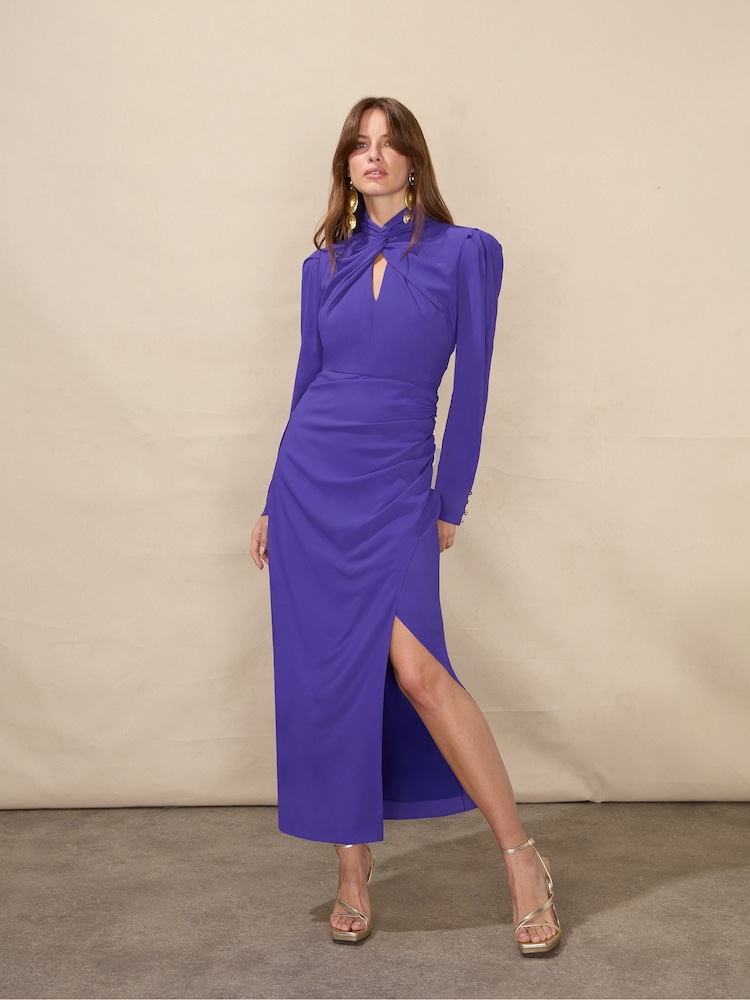 Ro&Zo Allegra Purple Crepe Twist Neck Midi Dress - Image 1 of 4