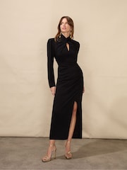 Ro&Zo Allegra Crepe Twist Neck Midi Black Dress - Image 1 of 6