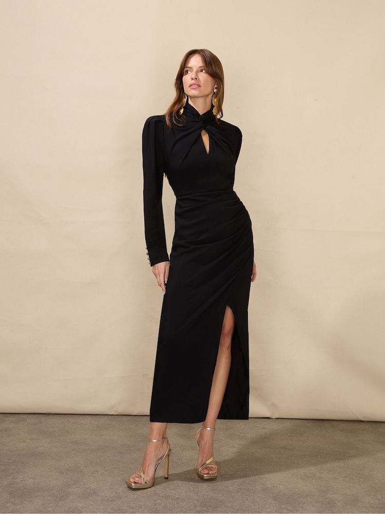 Ro&Zo Allegra Crepe Twist Neck Midi Black Dress - Image 1 of 6
