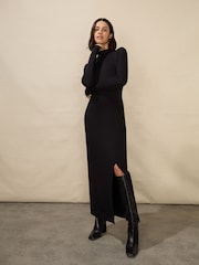 Ro&Zo Petite High Neck Split Leg Jersey Black Dress - Image 1 of 5